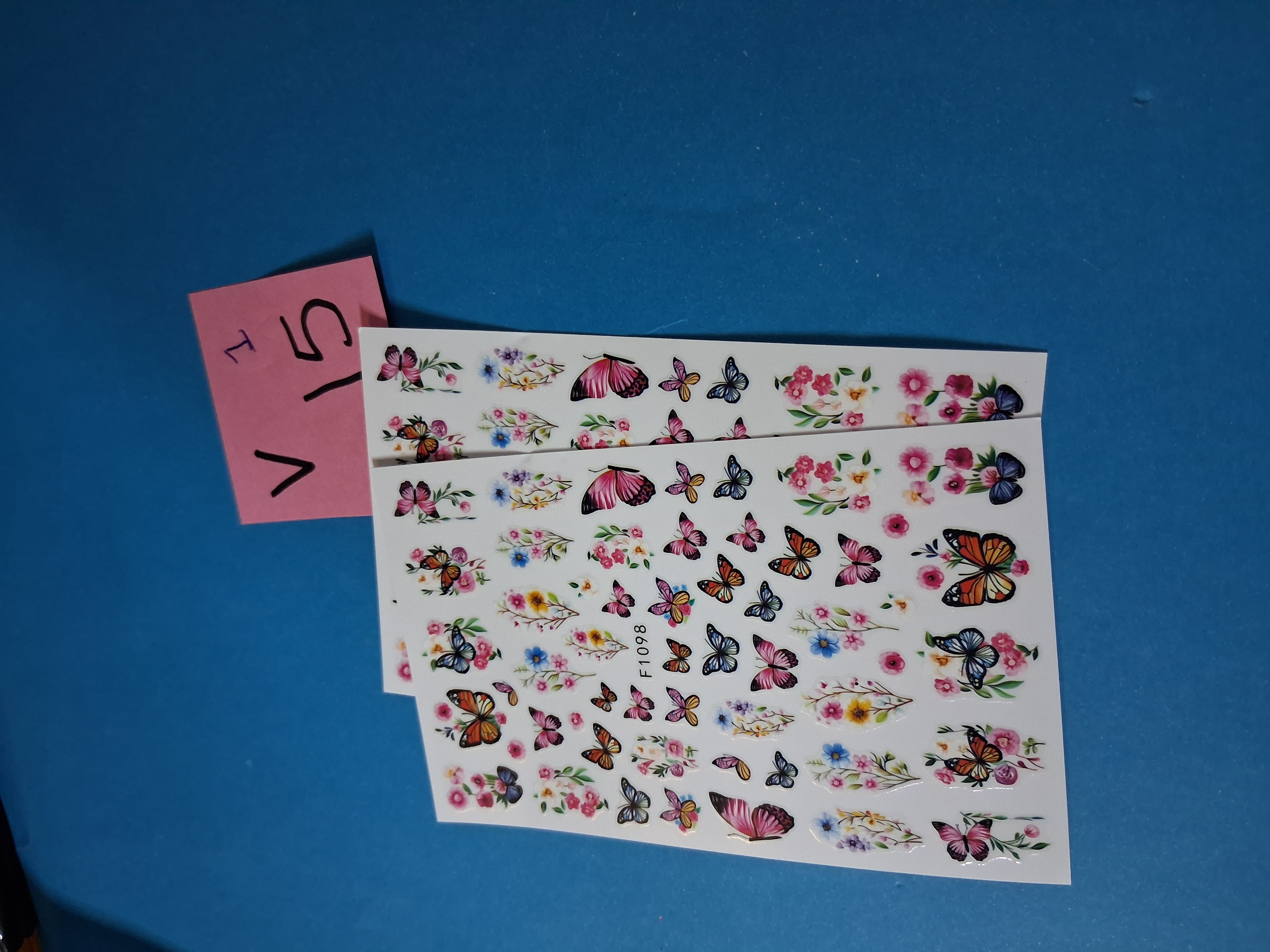 Nail Art Stickers — INV 15V-1 Pink & Orange Butterflies with Flowers (F1098, 2 sheets)